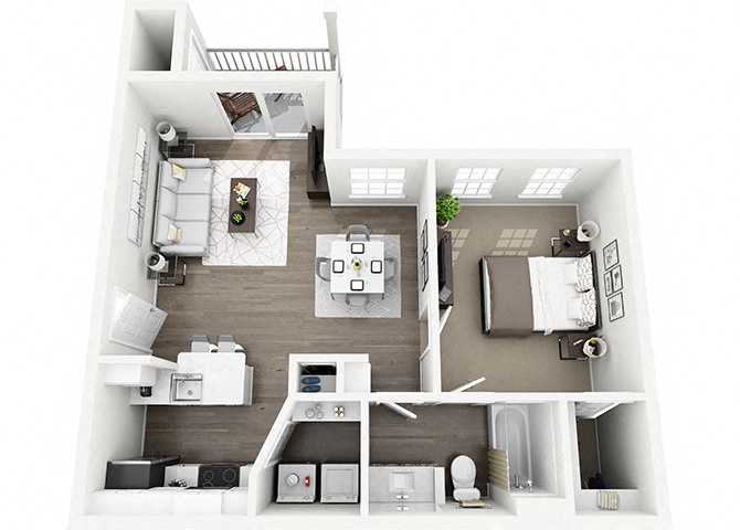 Floor plan for 1 bed, 1 bath, 723 sqft